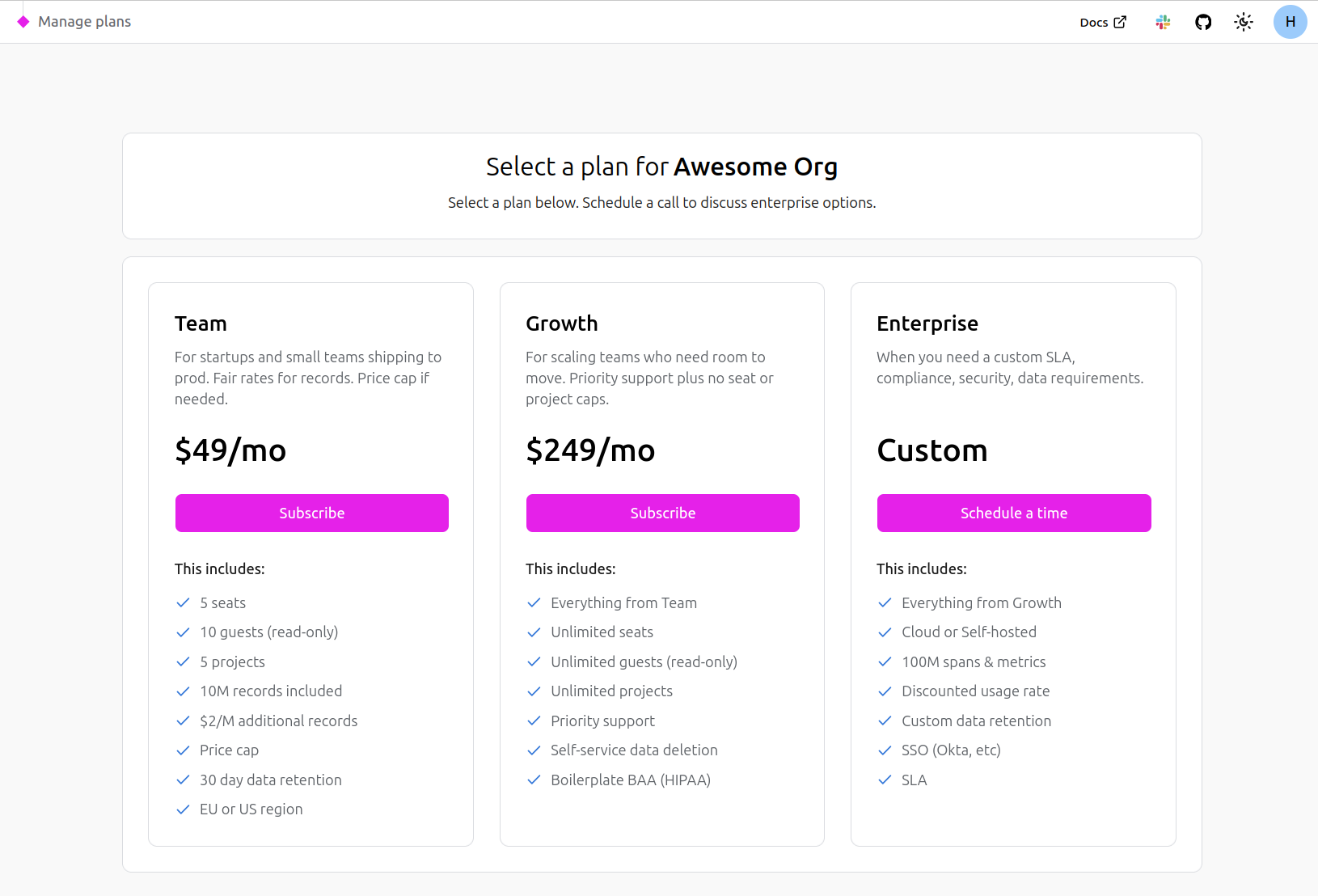 Manage plans page